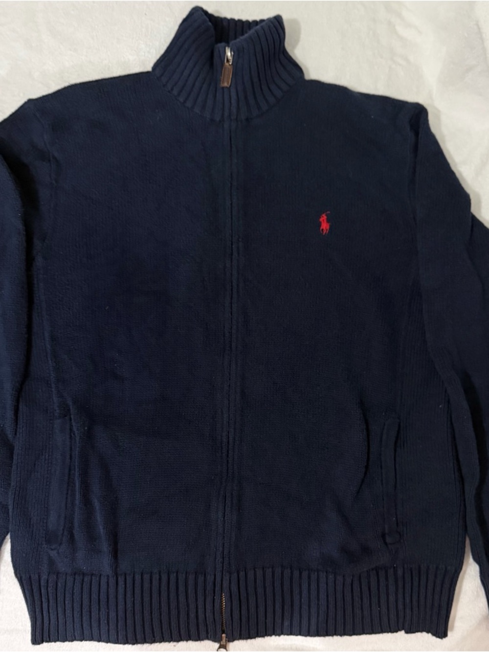 Ralph Lauren Navy Zip-Up Sweater with Red Pony Logo
